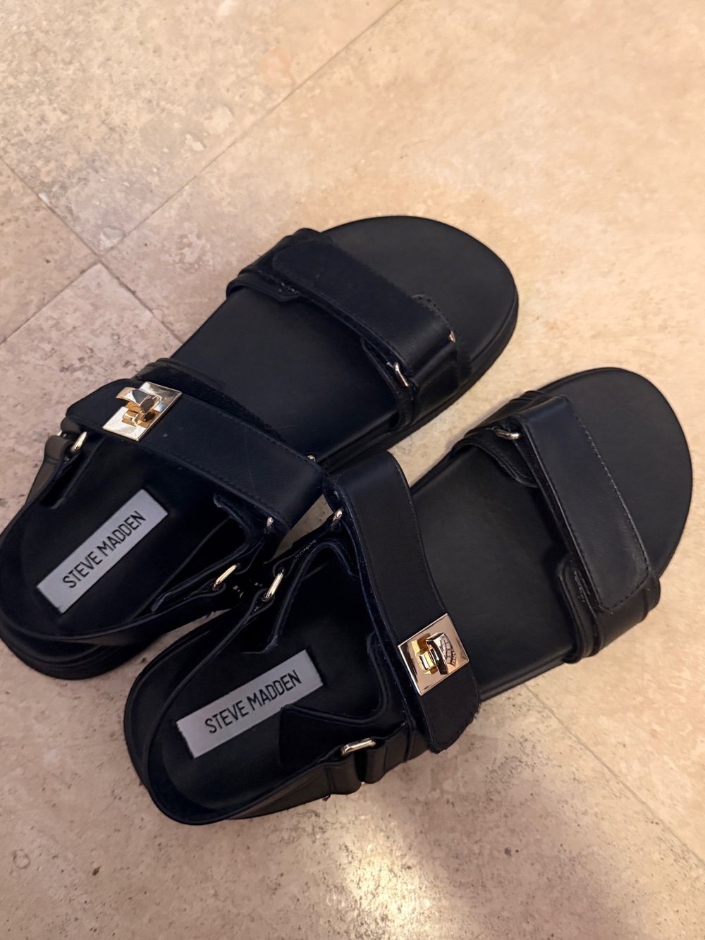 Steve Madden Black Sandals with Gold Buckle Detail NWT